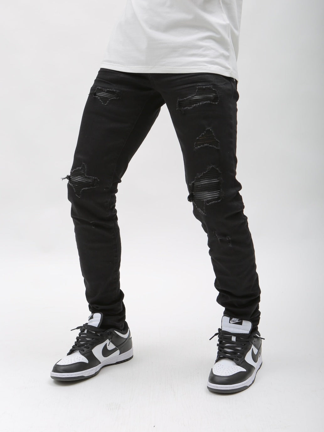 Nokwal Jet Black Distressed W/ Black Leather Denim