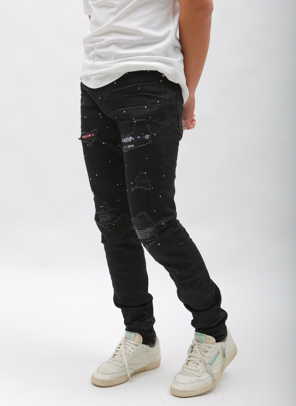 Nokwal Jet Black Destructed Denim W/ Rhinestones Diamonds