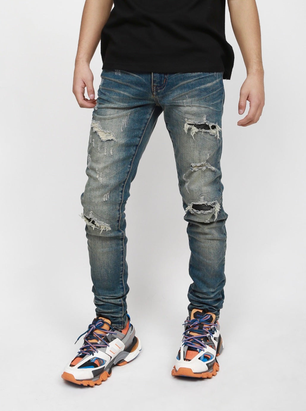 Nokwal Whiskey Faded Wash Distressed Leather Skinny Blue Denim