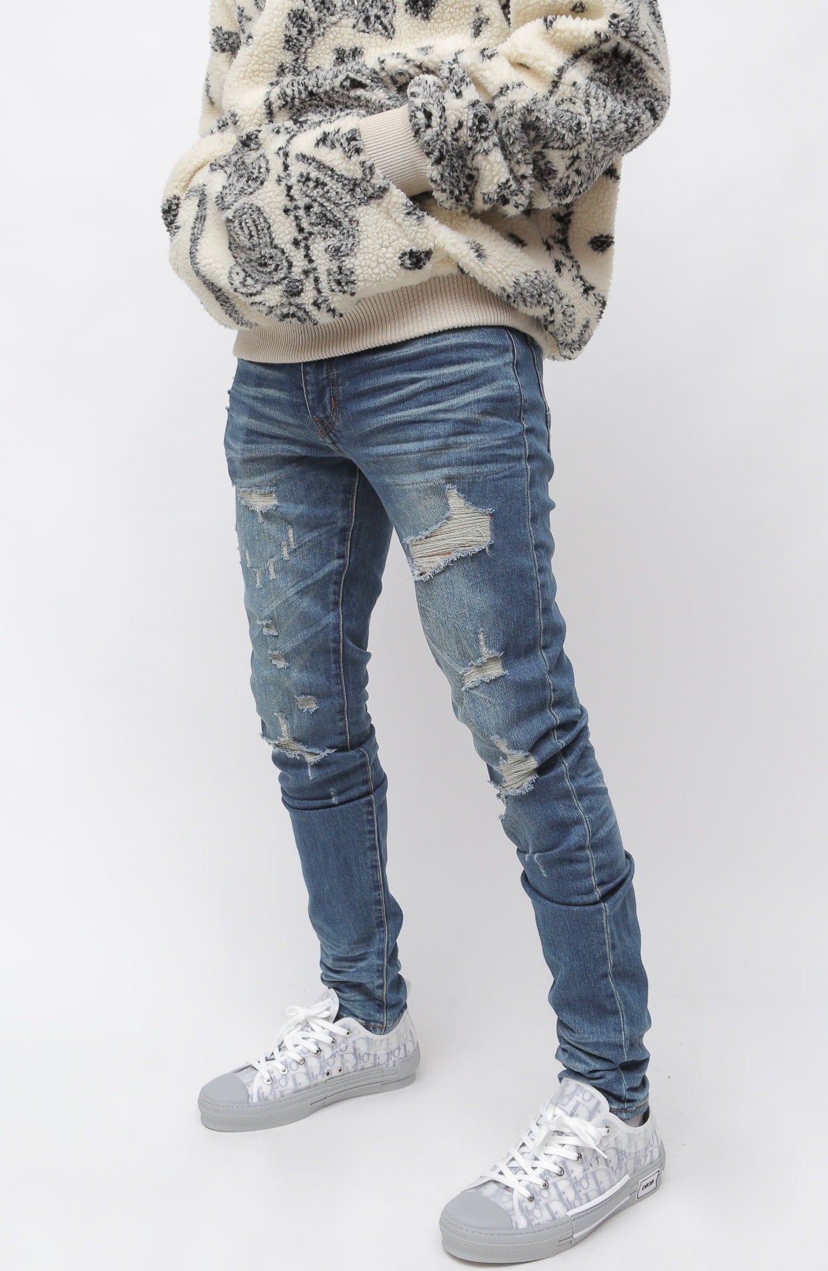 Heavy Distressed Indigo Blue Skinny Denim