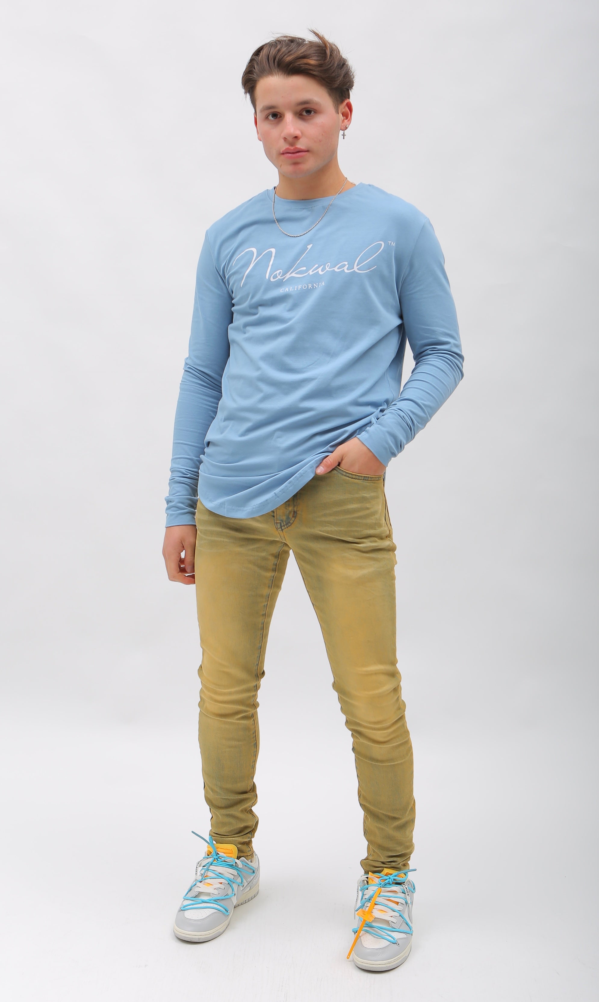 Light Blue Signature Long Sleeve T Shirt W/ White NOKWAL SIGNATURE