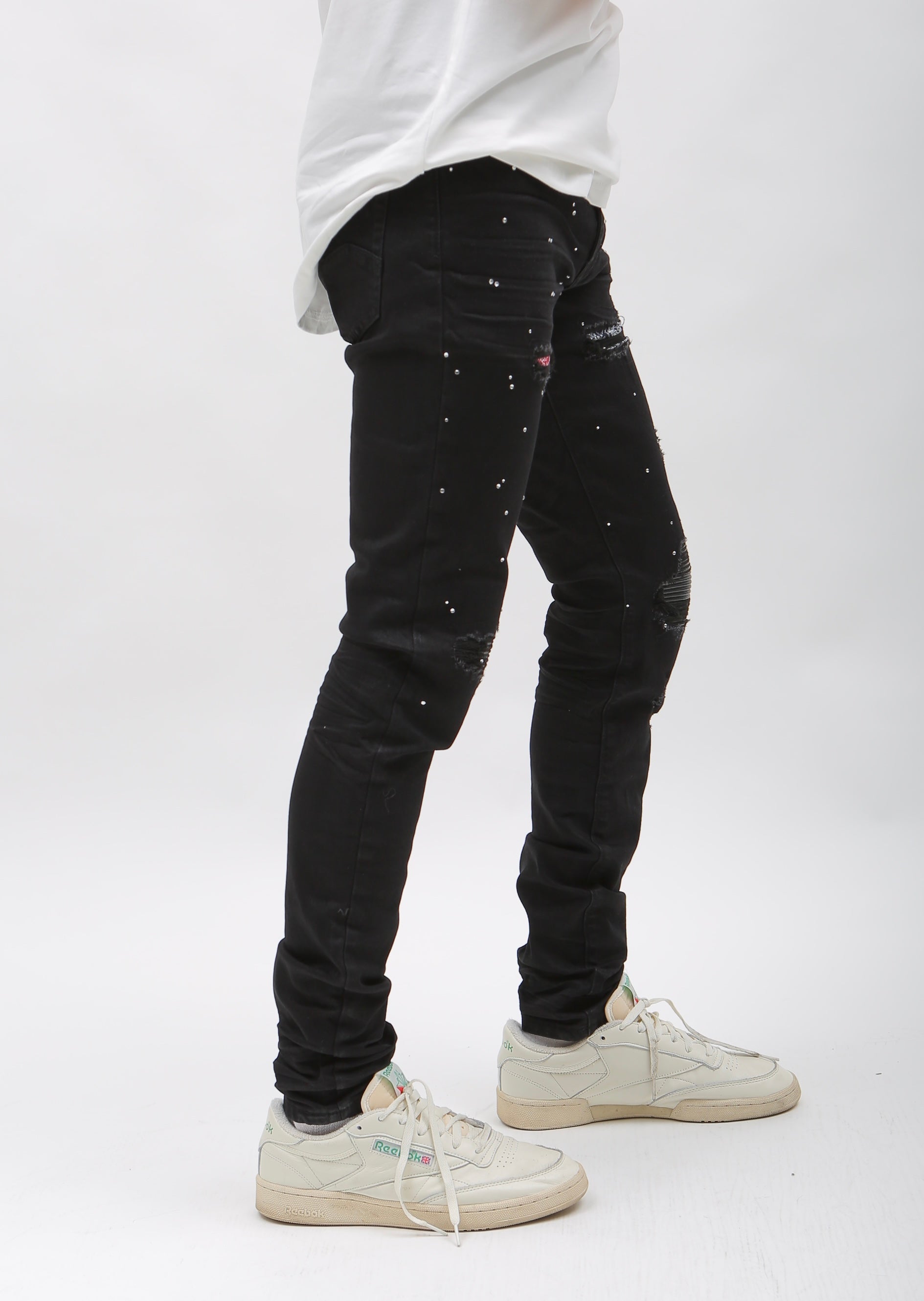 Nokwal Jet Black Destructed Denim W/ Rhinestones Diamonds