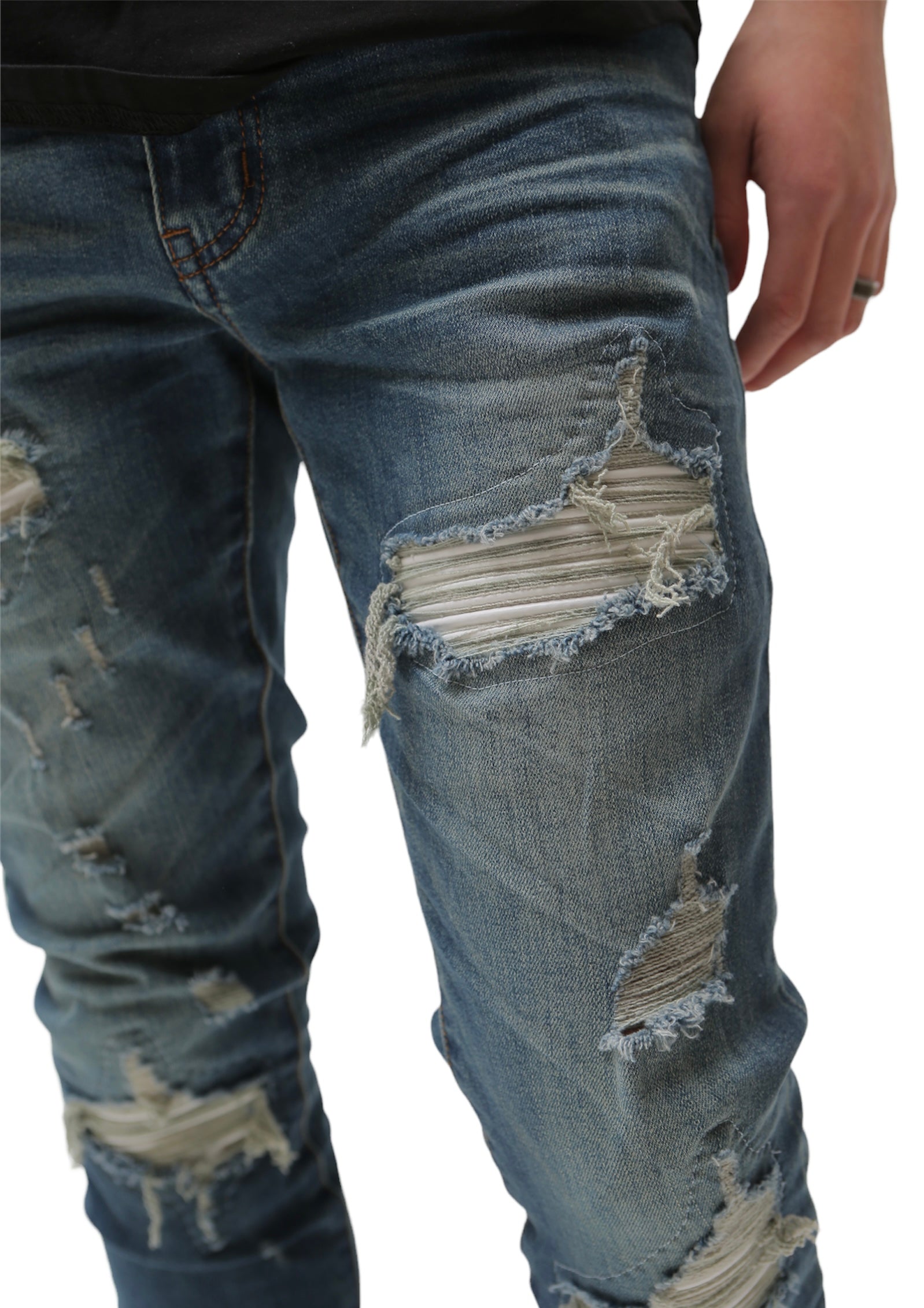 Heavy Distressed Blue Wash W/White Leather Insets Denim