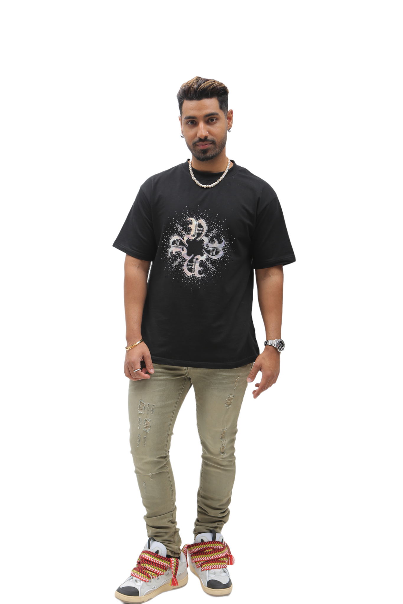 Rhinestone Hologram Monogram T-Shirt Black