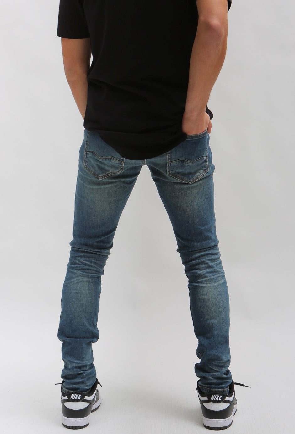 Nokwal Heavy Distressed W/ Red Leather Blue Skinny Denim