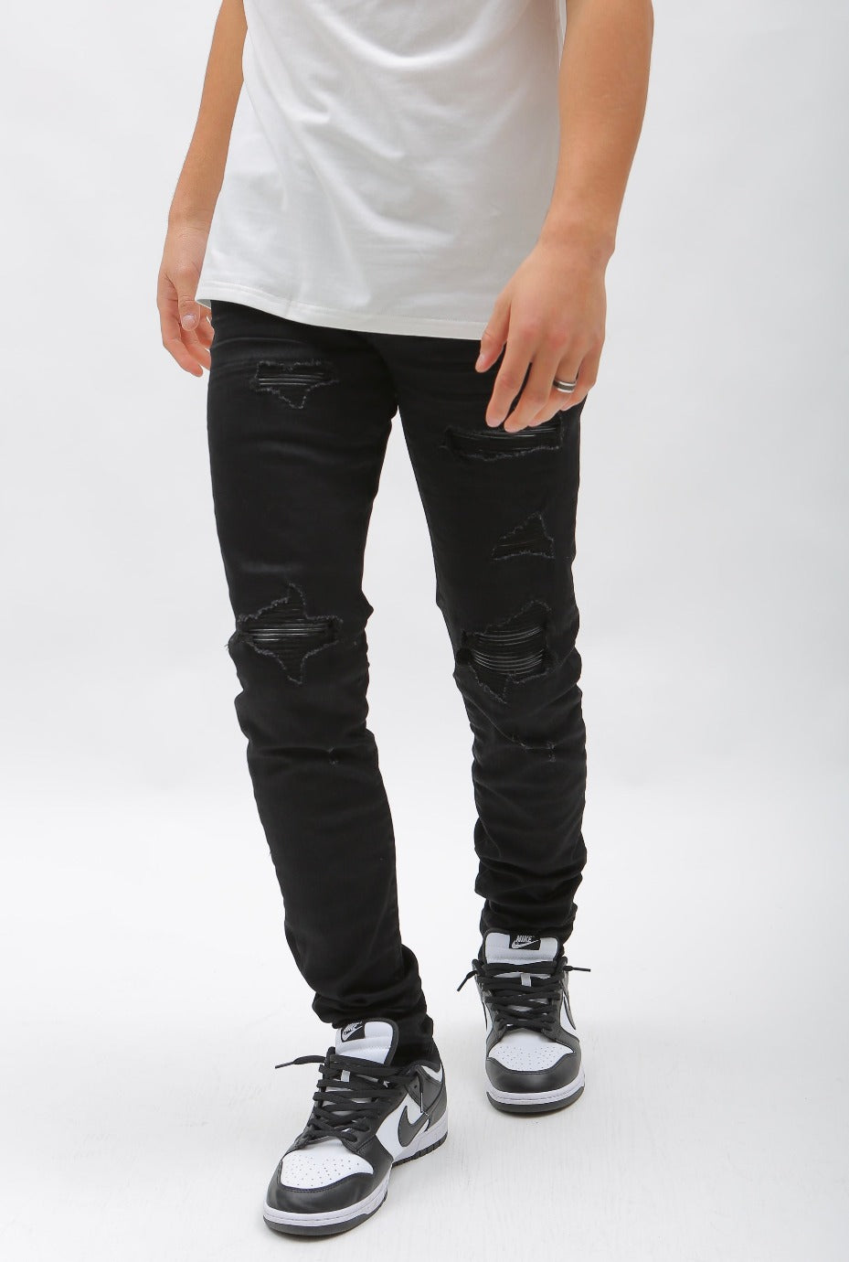 Nokwal Jet Black Distressed W/ Black Leather Denim