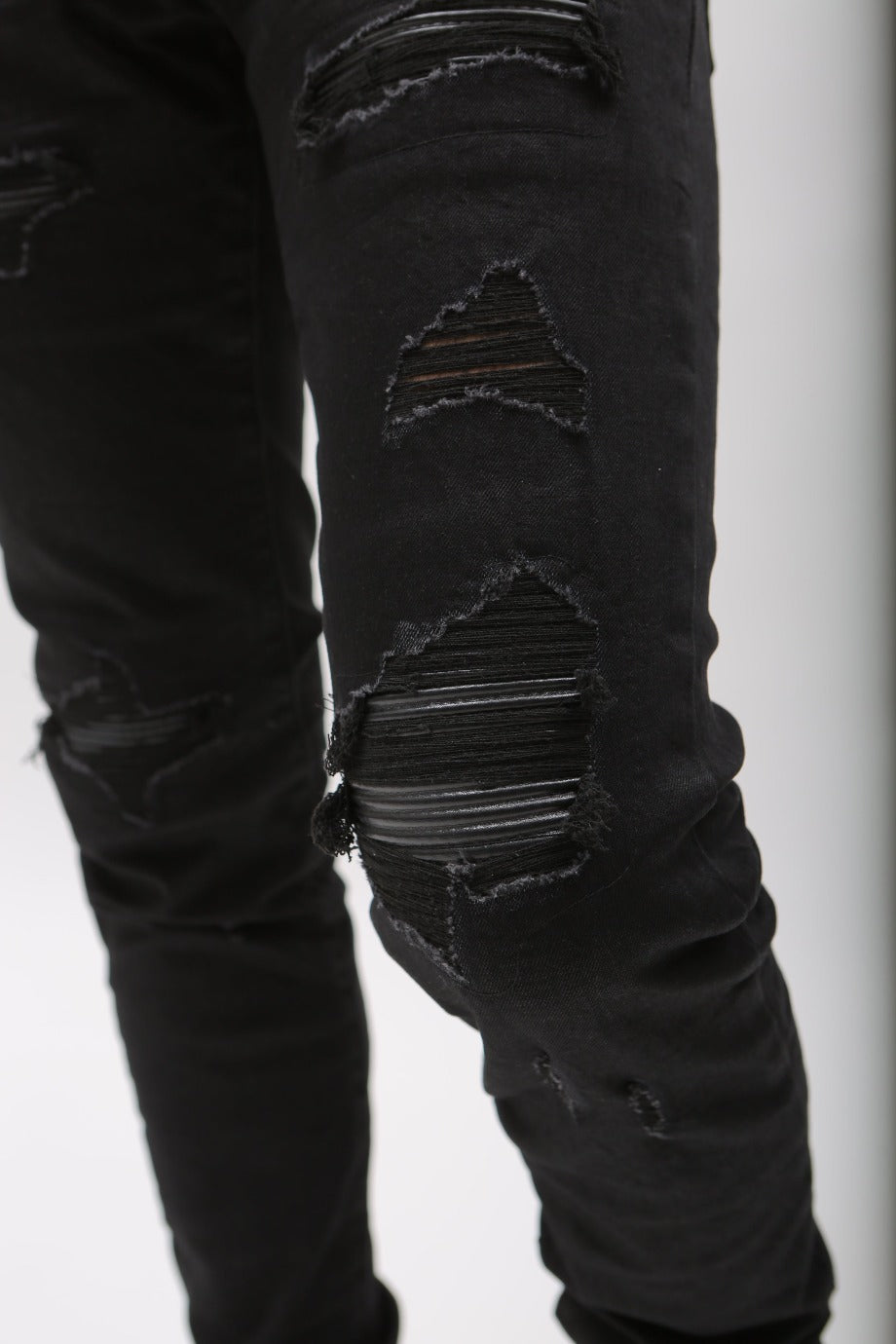 Nokwal Jet Black Distressed W/ Black Leather Denim