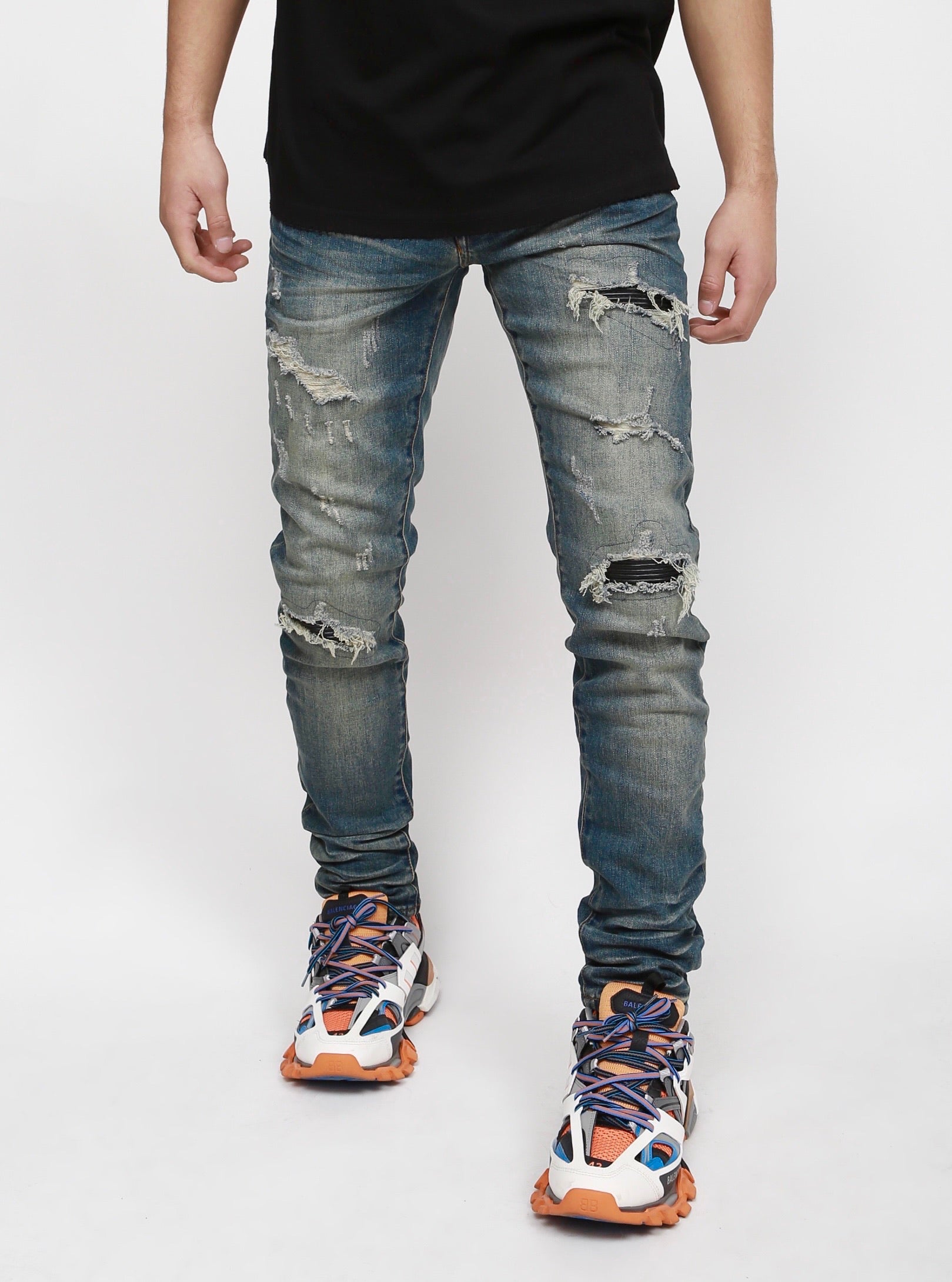 Nokwal Whiskey Faded Wash Distressed Leather Skinny Blue Denim