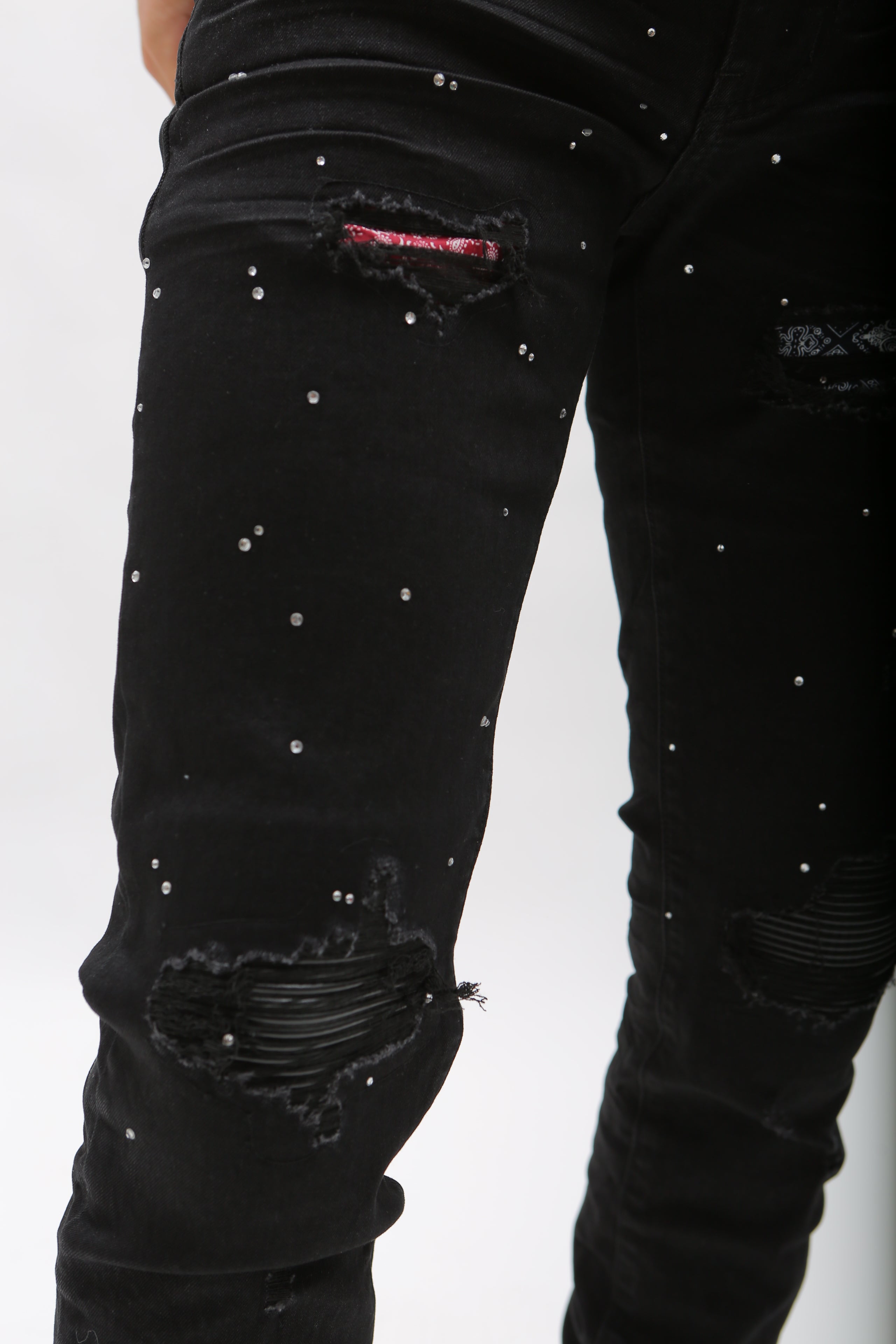 Nokwal Jet Black Destructed Denim W/ Rhinestones Diamonds