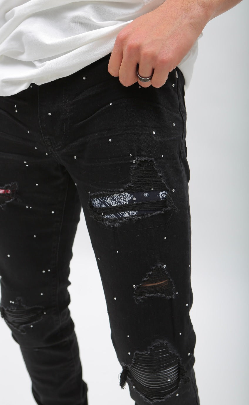 Nokwal Jet Black Destructed Denim W/ Rhinestones Diamonds