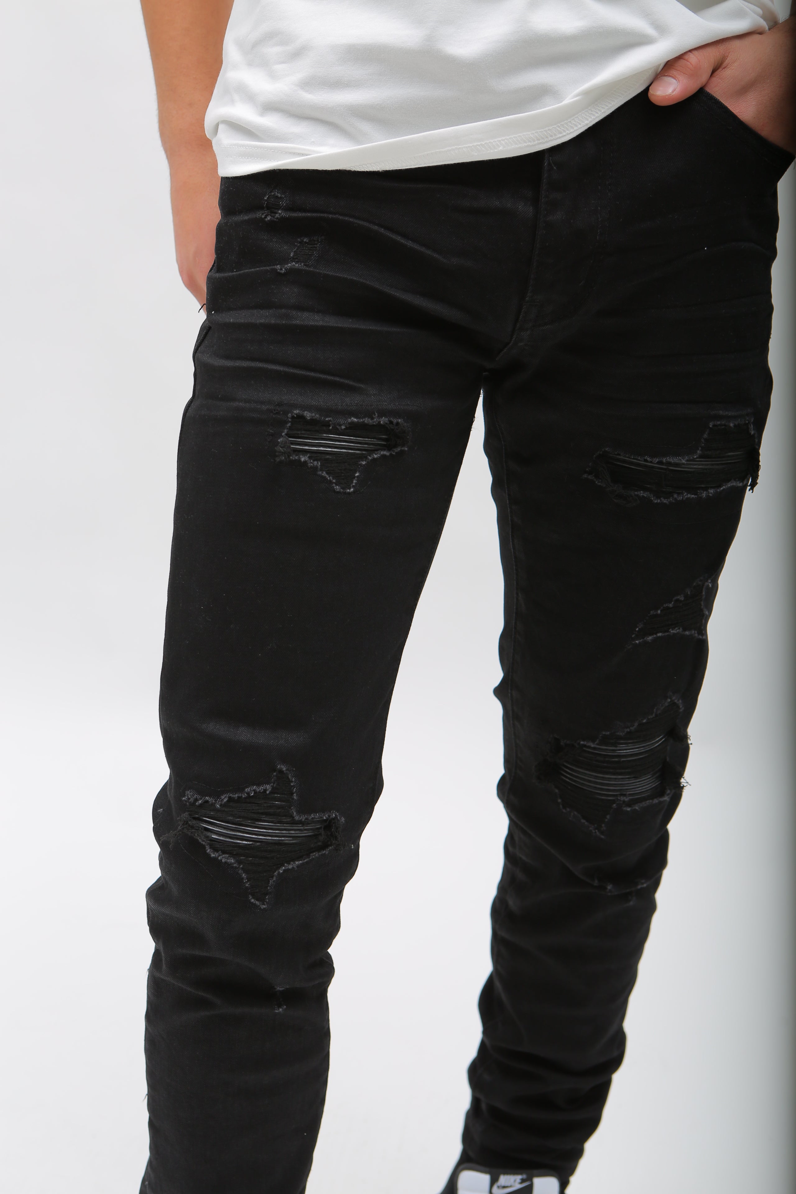 Nokwal Jet Black Distressed W/ Black Leather Denim