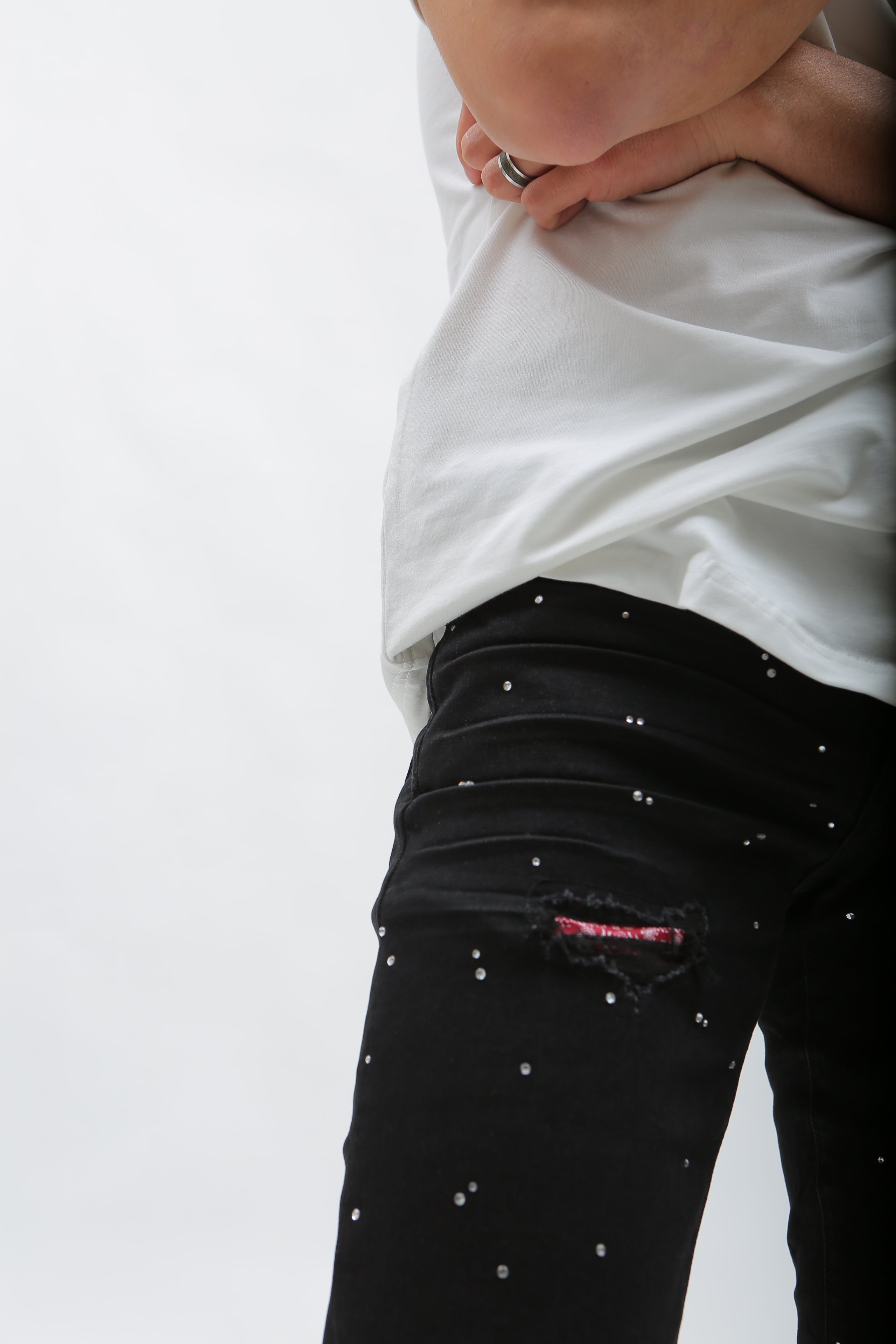 Nokwal Jet Black Destructed Denim W/ Rhinestones Diamonds