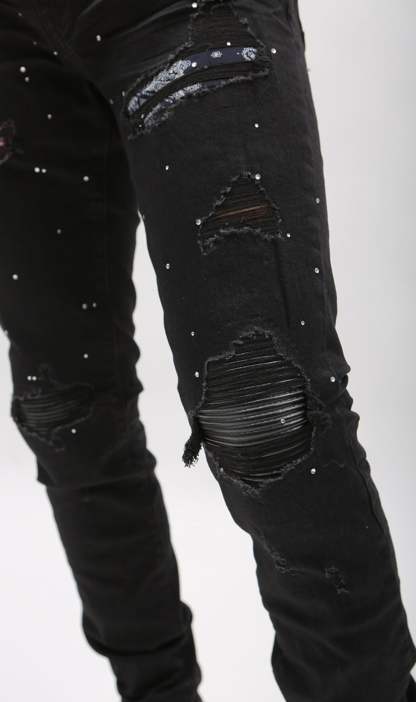 Nokwal Jet Black Destructed Denim W/ Rhinestones Diamonds