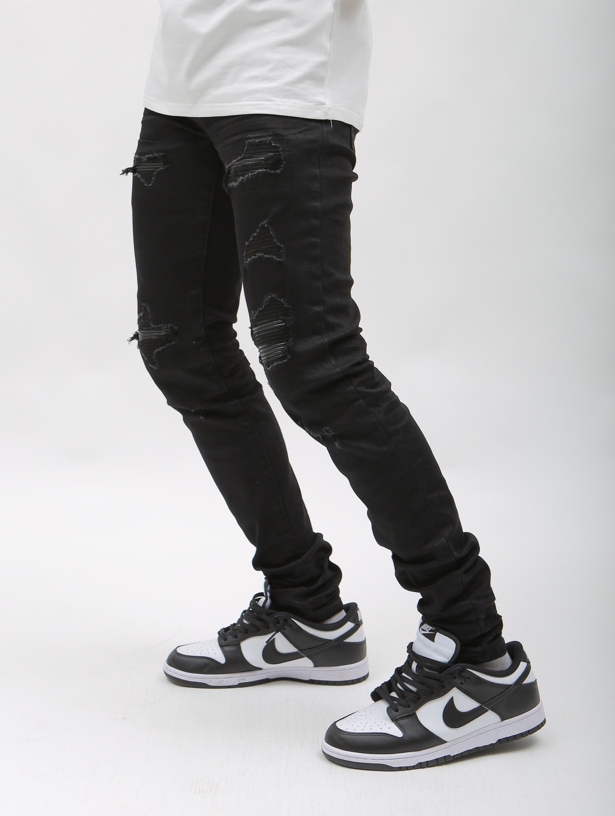 Nokwal Jet Black Distressed W/ Black Leather Denim