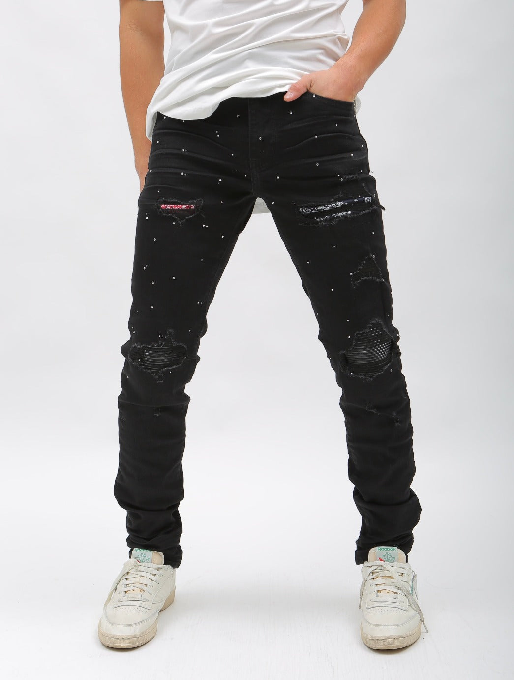 Nokwal Jet Black Destructed Denim W/ Rhinestones Diamonds