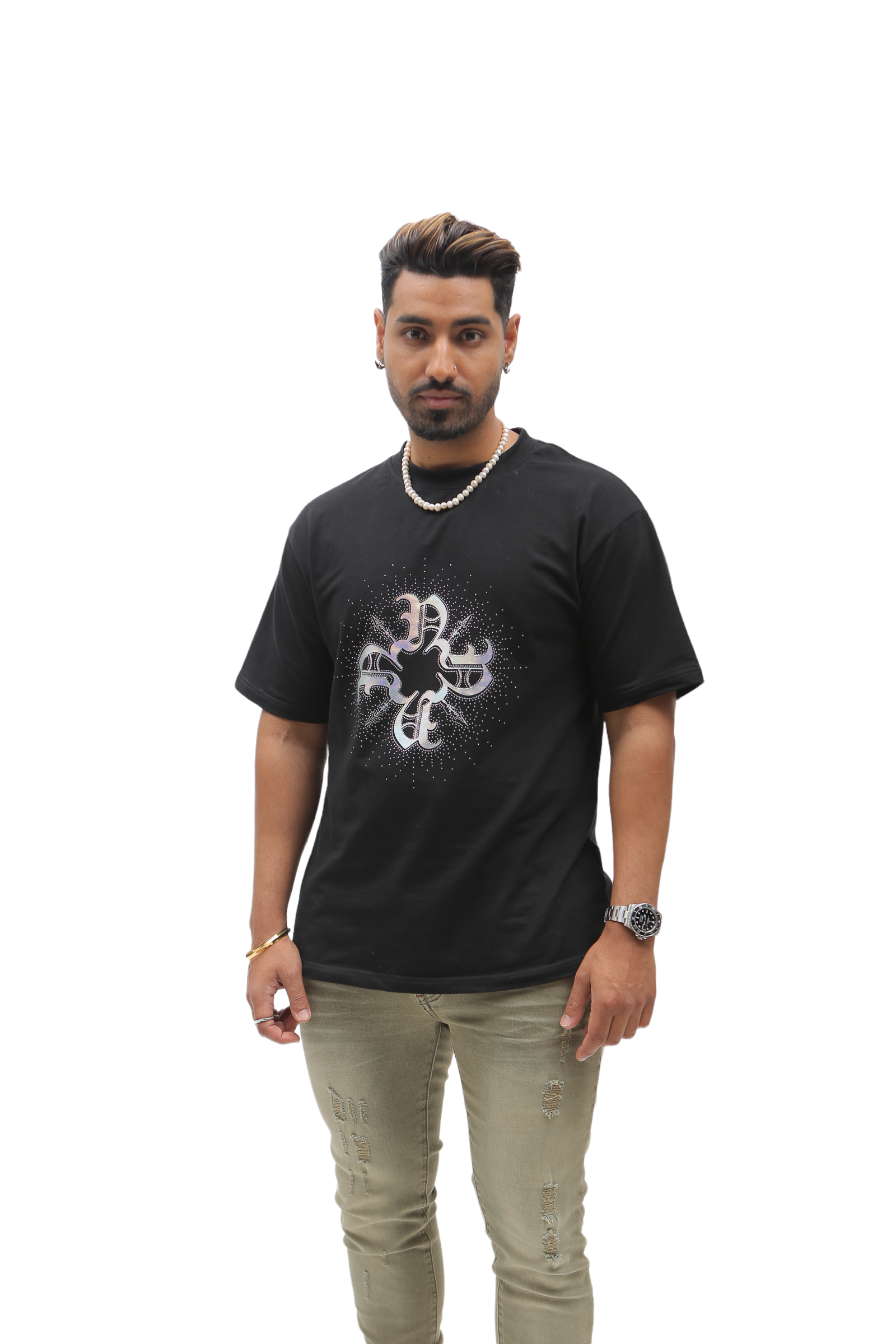 Rhinestone Hologram Monogram Tee -Black