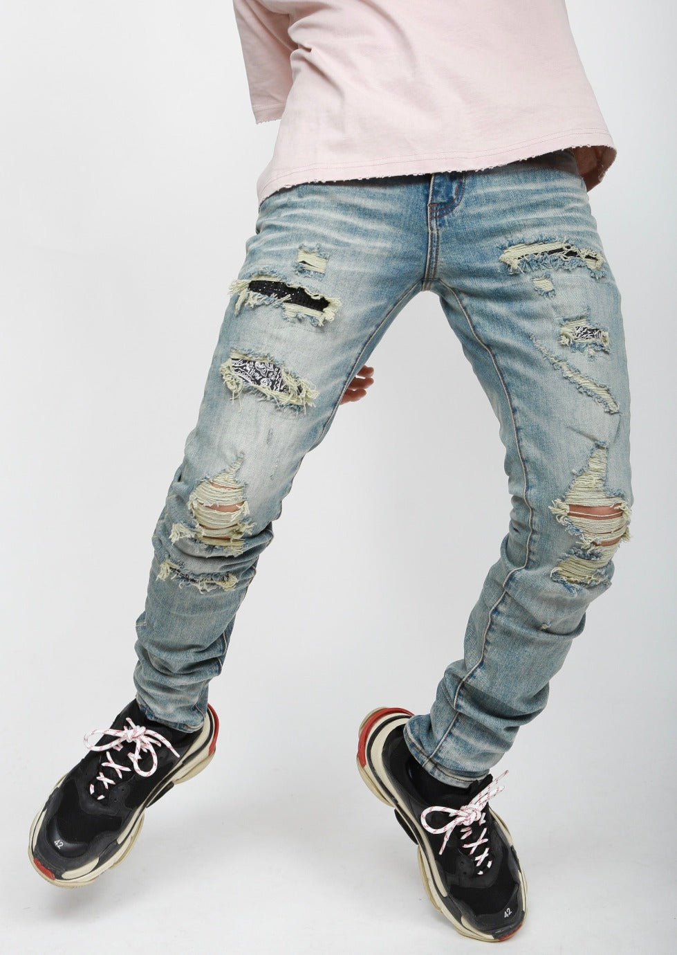 Destructed Light Blue Paisley Rhinestone Skinny Denim