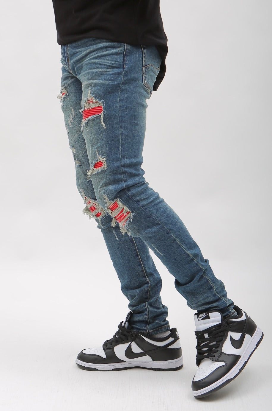 Nokwal Heavy Distressed W/ Red Leather Blue Skinny Denim