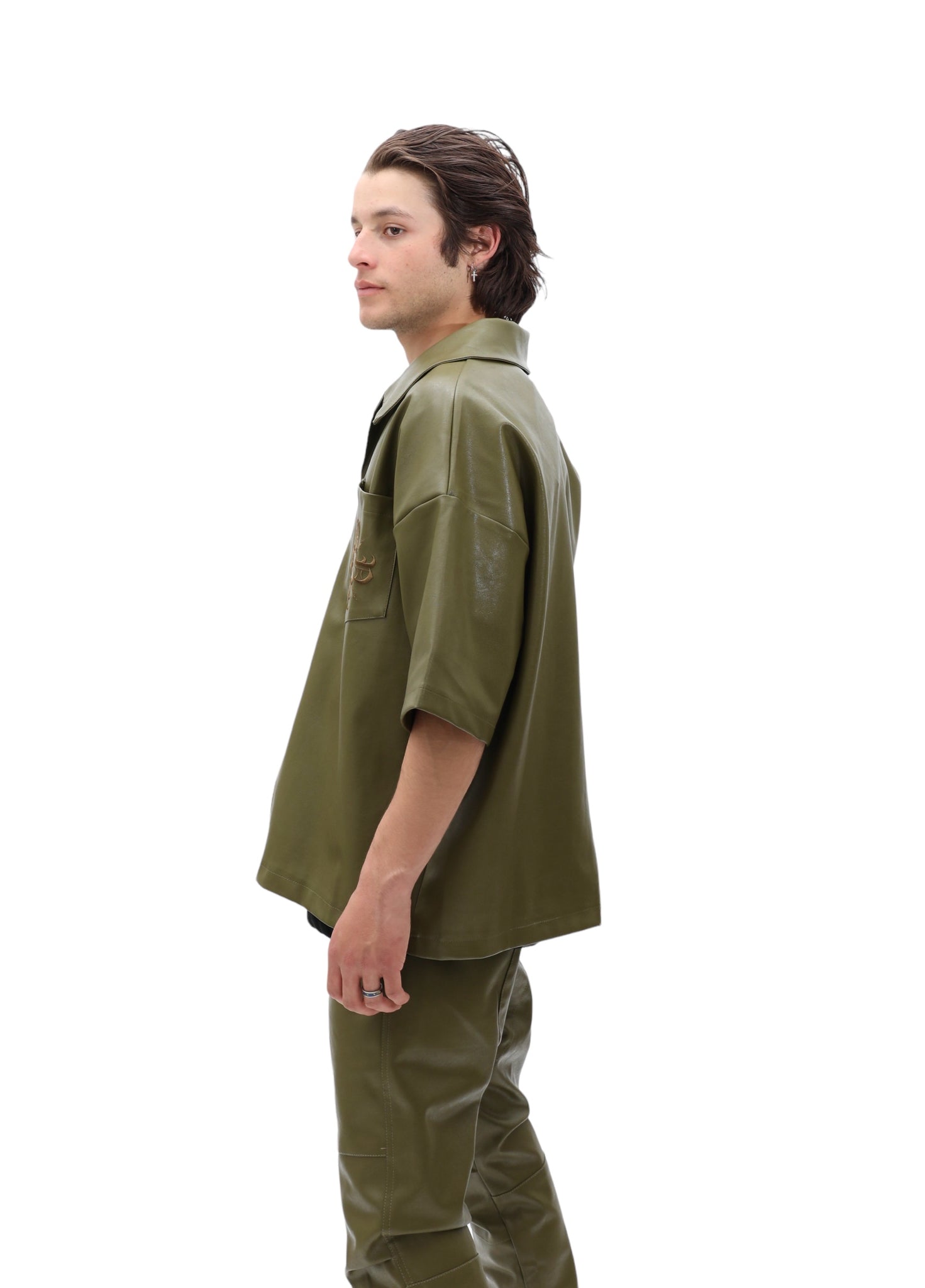 Monogram Olive Green Short Sleeve Leather Shirt