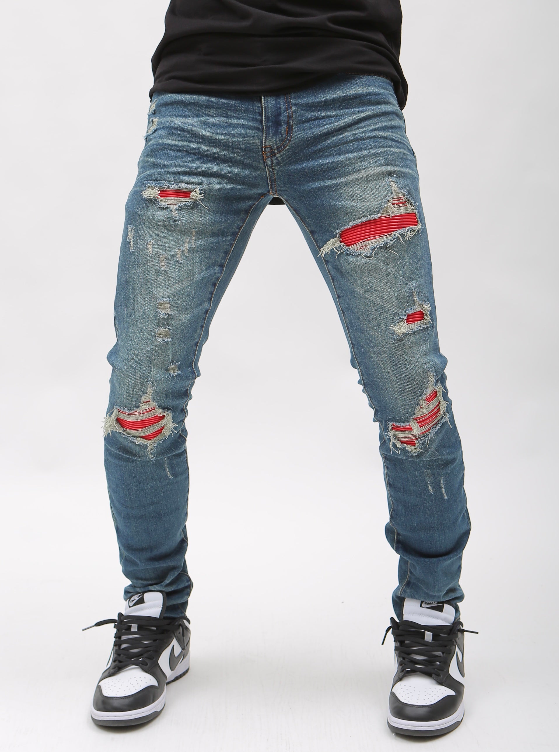 Nokwal Heavy Distressed W/ Red Leather Blue Skinny Denim