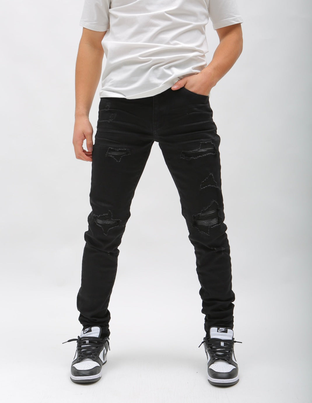 Nokwal Jet Black Distressed W/ Black Leather Denim