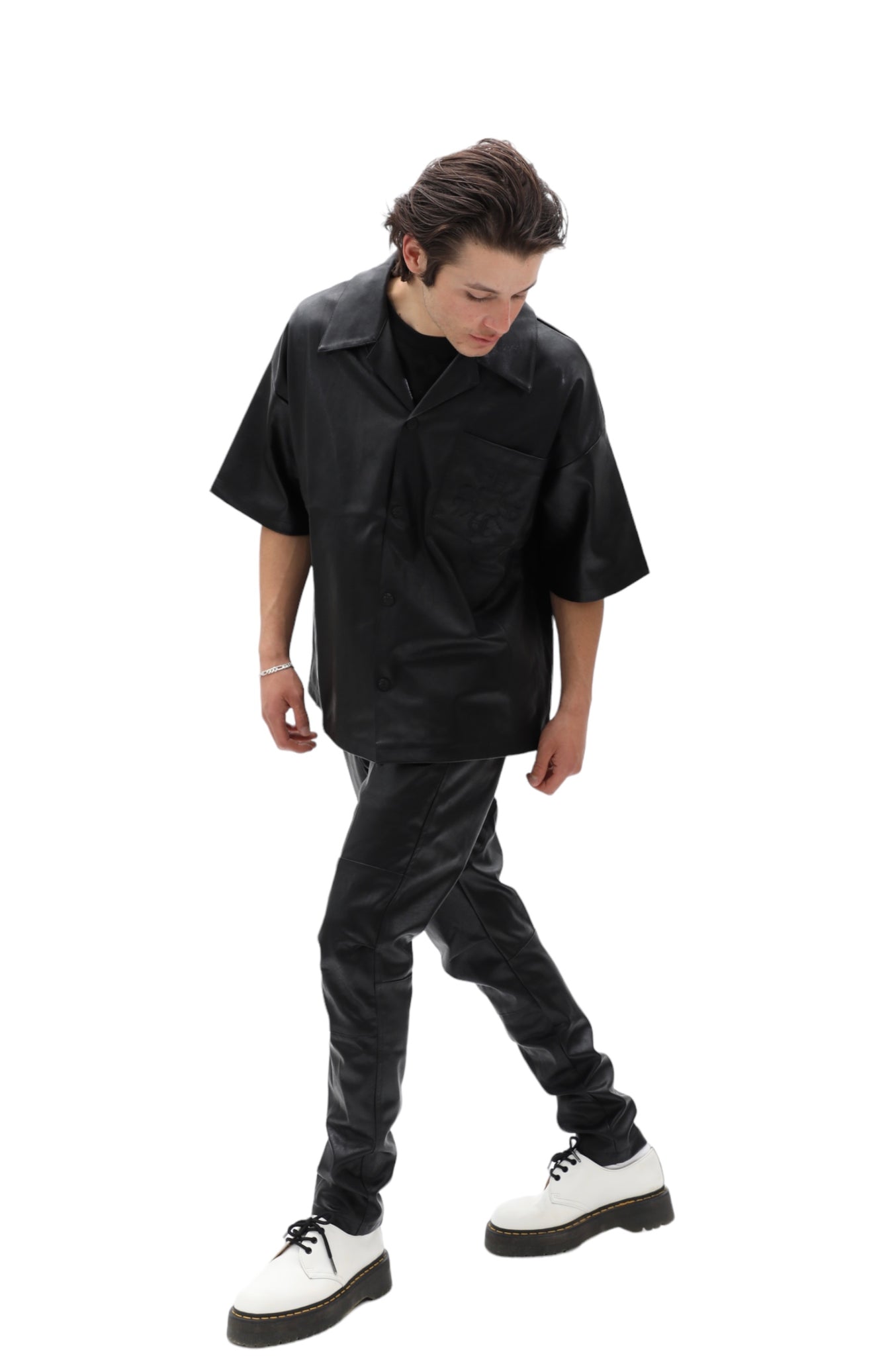 Monogram Black Short Sleeve Leather Shirt