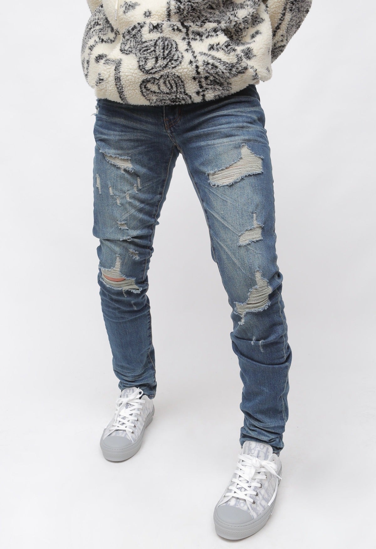 Heavy Distressed Indigo Blue Skinny Denim